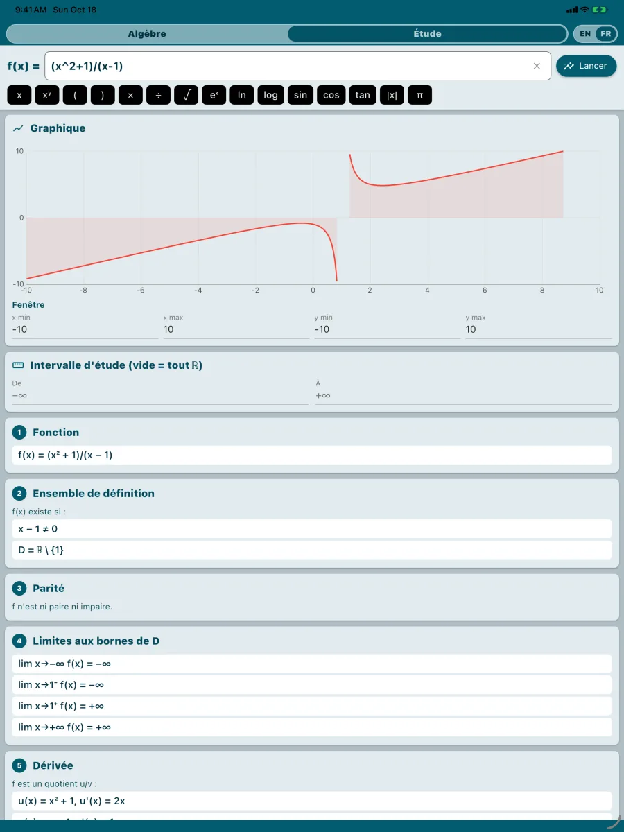 Étude de (x²+1)/(x−1) sur iPad : graphique, limites et dérivée
