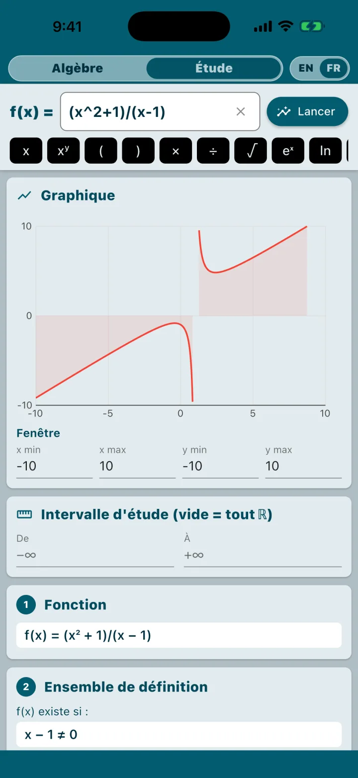 Étude de la fonction (x²+1)/(x−1) dans Calculatrix